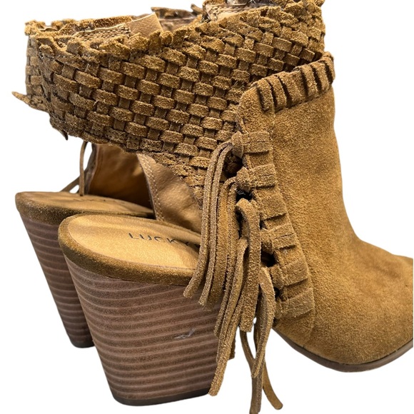 Lucky Brand Tan Suede Open Toe Heeled Shoes Size 7 - Picture 11 of 12